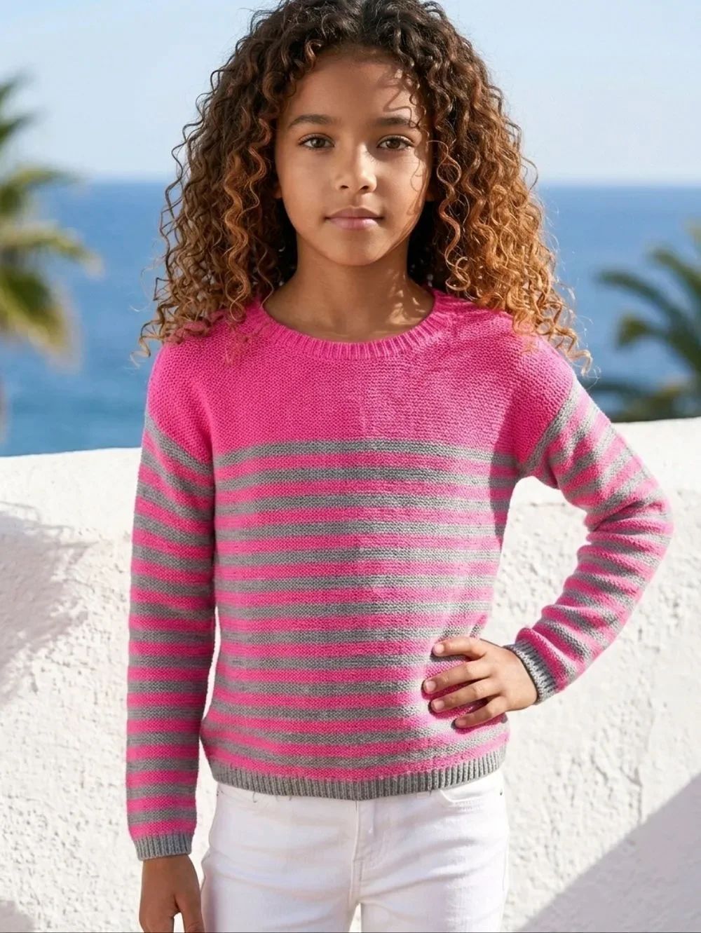 Justice Girls Pink Gray Striped Sweater Casual School Glitter Pullover 12 Top